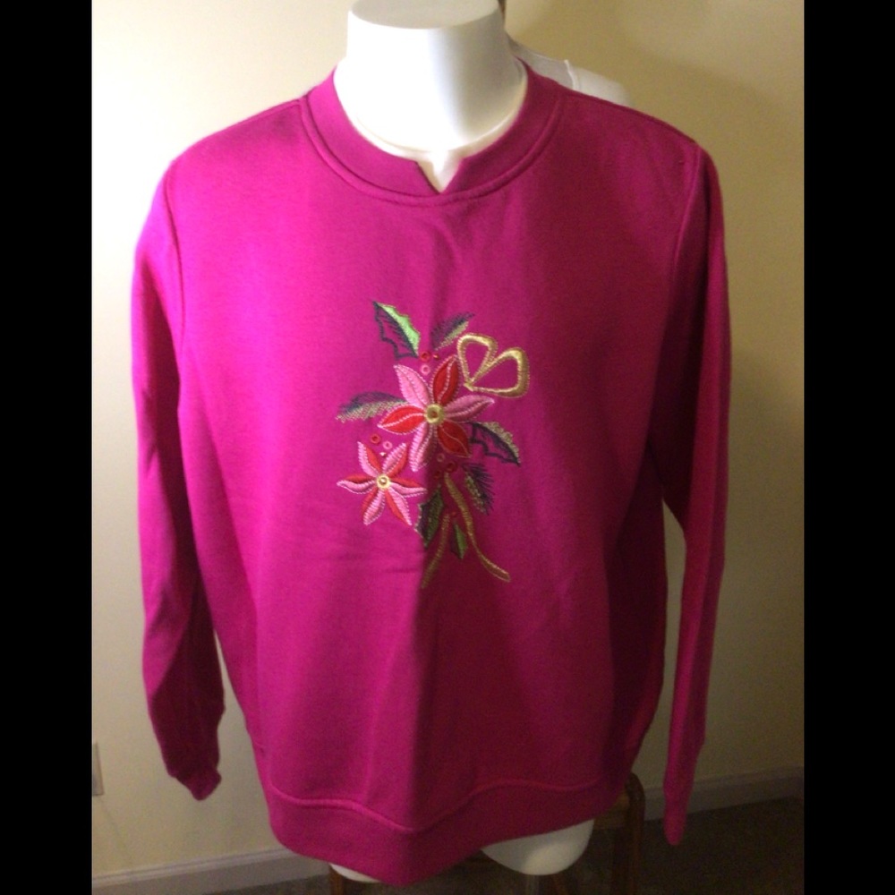 Petite Fuchsia Sweatshirt w Embroidered Poinsettia Design